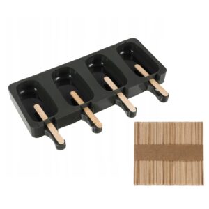 Set forma silicon pentru inghetata pe bat si 50 bete din lemn, 4 cavitati x 80ml, Bootic, dimensiune cavitate 9 x 4.5 x 2 cm, negru verzui